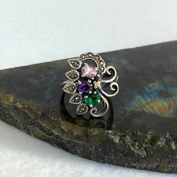 Sterling Silver 925 Multi Colored CZ Marcasite Floral Flower Cluster Ring Sz 8 - Picture 2 of 16